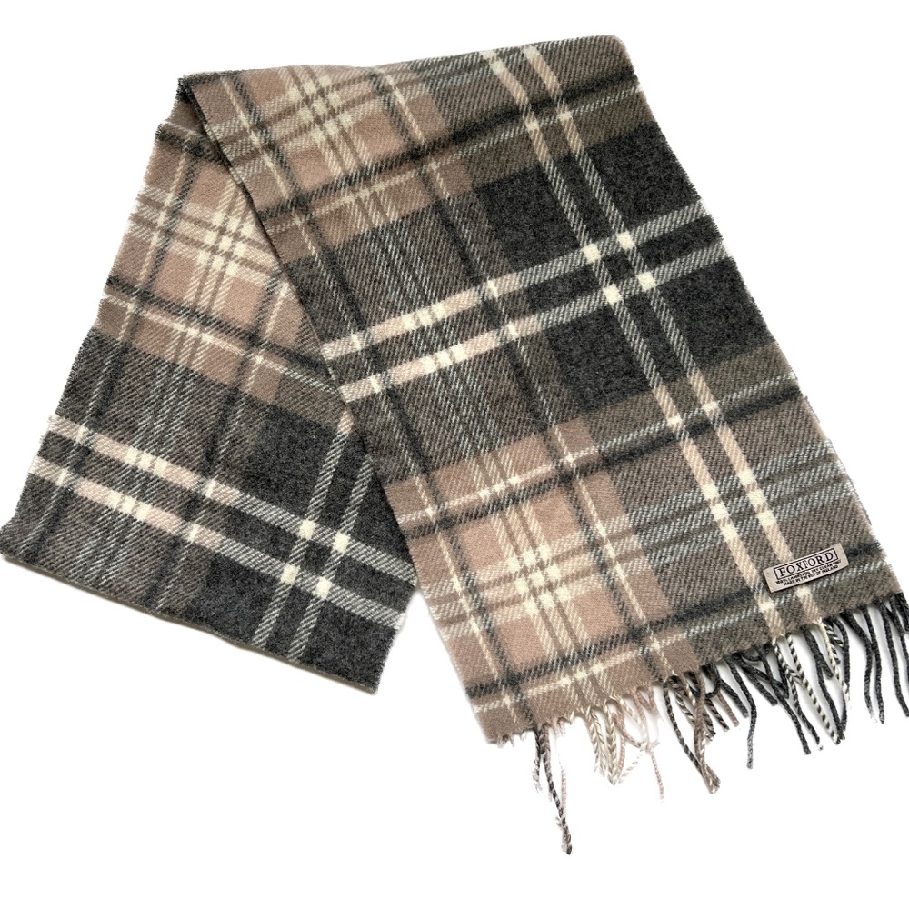 FOXFORD 100% Lambswool Tartan Scarf Made in Ireland Fringed Gray Pink Cream